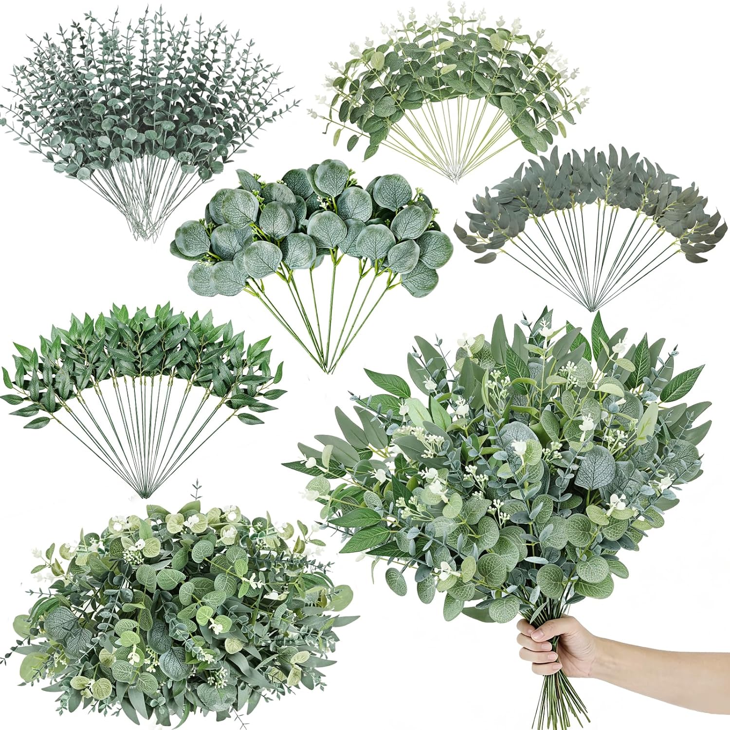 120 piezas de 5 tipos de tallos de eucalipto artificiales mixtos a granel, hojas de eucalipto de dólar plateado, paquete de plantas sintéticas vegetación para ramos de bricolaje, arreglos