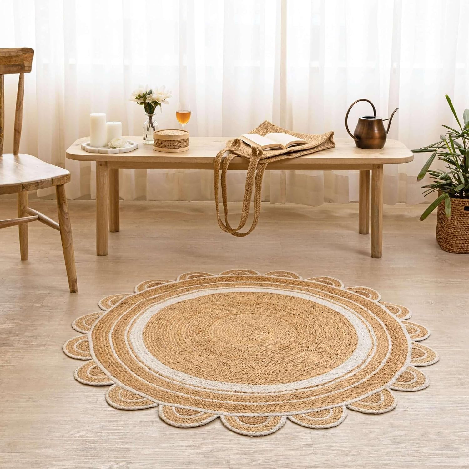 Alfombra redonda de yute trenzada a mano con diseño de rayas blancas y naturales, alfombra circular bohemia ecológica para sala de estar, dormitorio, entrada (3 x 3 pies)