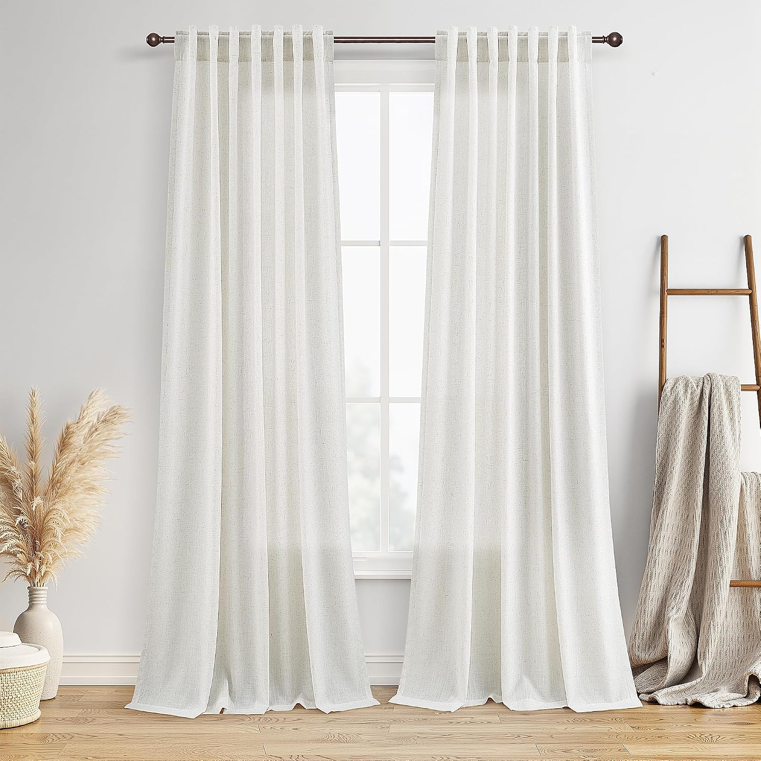 Cortinas de lino de 96 pulgadas de largo para sala de estar, con pestaña trasera, semitransparentes de 8 pies, cortina filtrante de luz para dormitorio, cortinas bohemias de granja de 52x96, 2 paneles