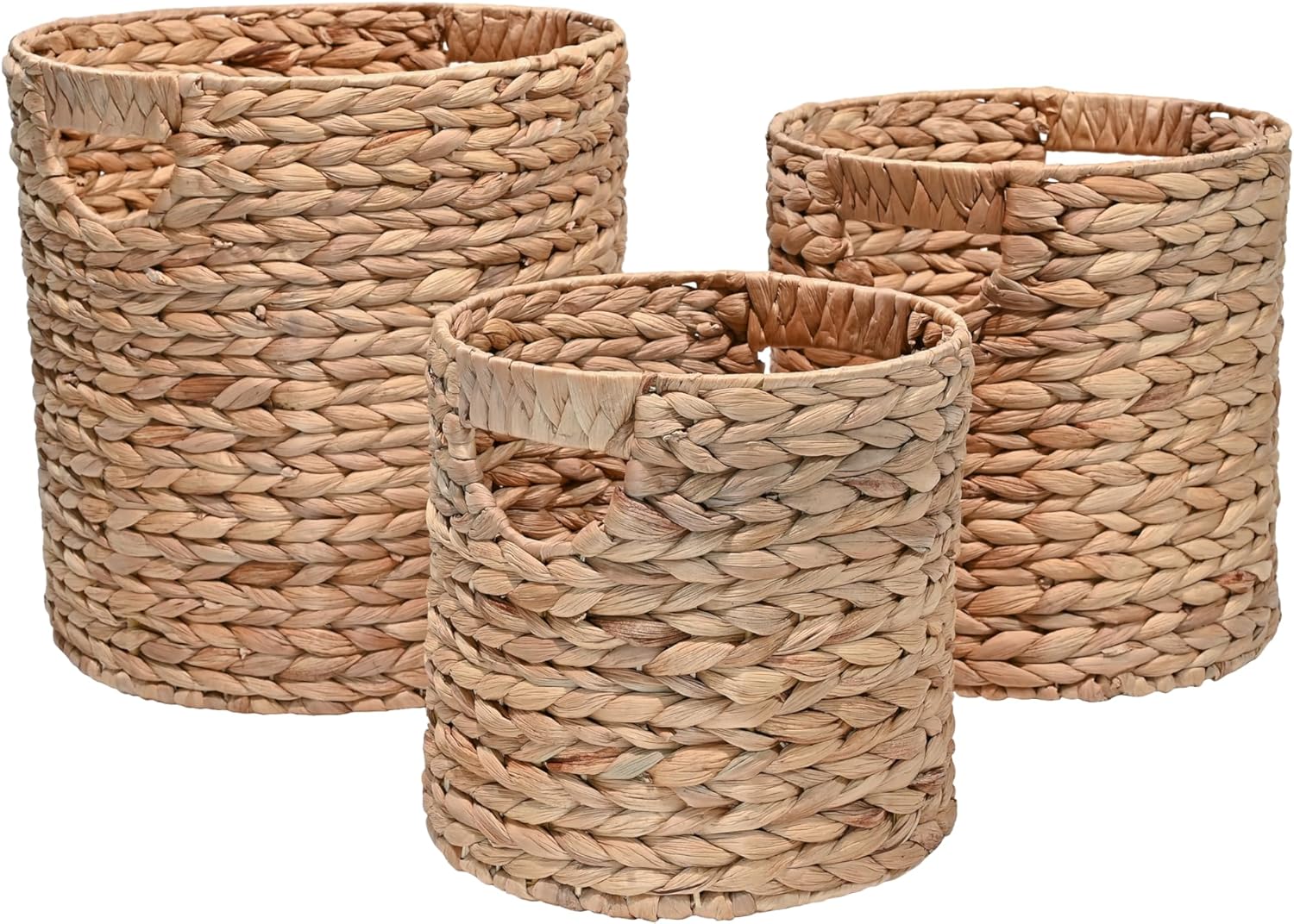 Happimess Avery - Cestas cilíndricas anidables (13.0 in), color natural | Hyacinth, Bohemian Cottage Style, Handwoven Wicker, Iron Metal Frame, Decorative Storage For Toys And Books, Built In Handles