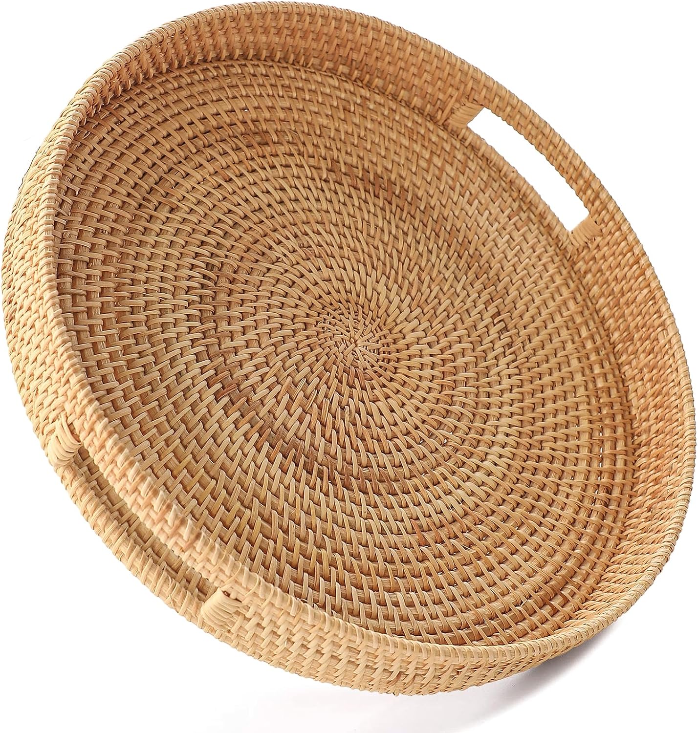 Bandeja de servicio redonda de ratán tejida a mano de 11.8" Bandejas decorativas de mimbre con asas para mesa de café (Natural-M)