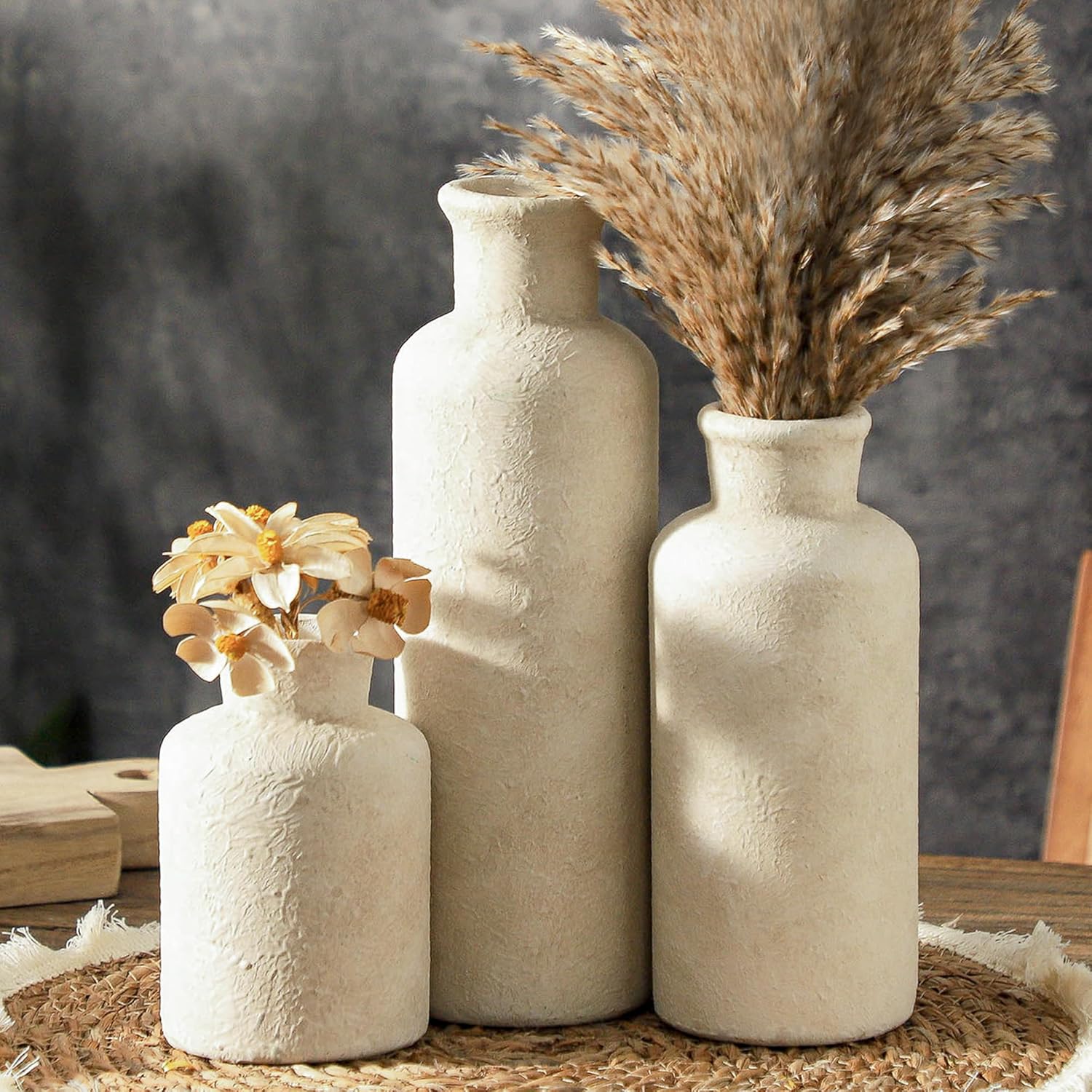 Juego de 3 jarrones de cerámica, jarrones de flores blancos lavados en neutro para decoración del hogar, jarrones de cerámica rústicos de granja decorativos de estilo moderno para mesa, chimenea