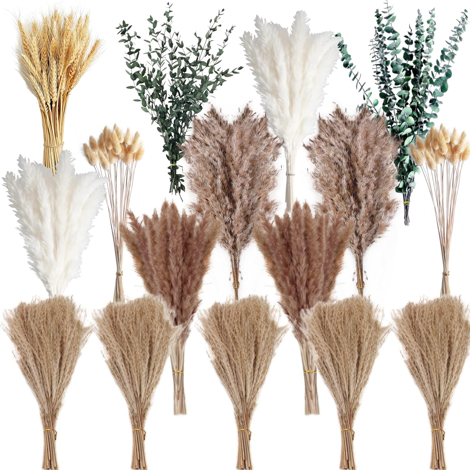 Juego de 355 ramos de hierba seca de las pampas, eucalipto seco, hierba de las pampas marrón y hierba de las pampas blanca para decoraciones bohemias de baby shower, decoración de boda bohemia