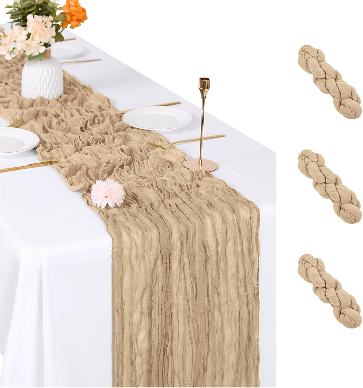 Paquete de 3 caminos de mesa de gasa beige, 17 x 108 pulgadas, caminos de mesa de gasa bohemia semitransparente a granel para bodas, cumpleaños, fiestas, días festivos, decoración del hogar