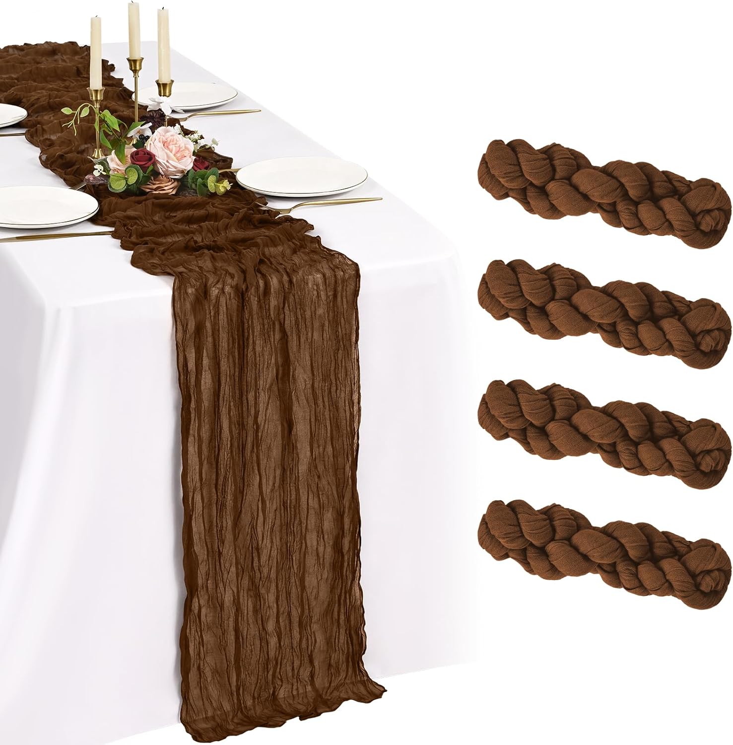 Paquete de 4 caminos de mesa de gasa 3.05m marrón, camino de mesa bohemio de gasa, caminos de mesa largos rústicos transparentes para decoración de mesa para boda, fiesta, baby shower, despedida de